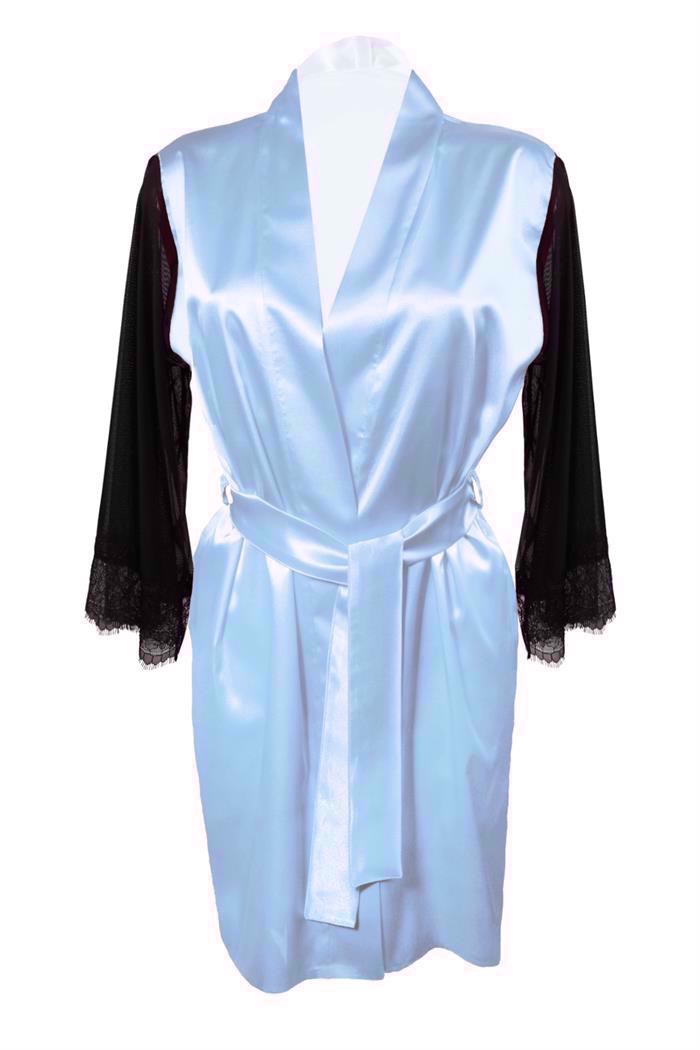 Satin kimono morgenkåbe m. sort mesh ærmer