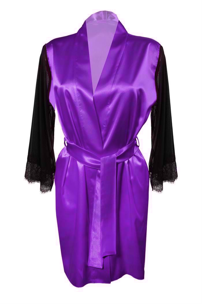Satin kimono morgenkåbe m. sort mesh ærmer